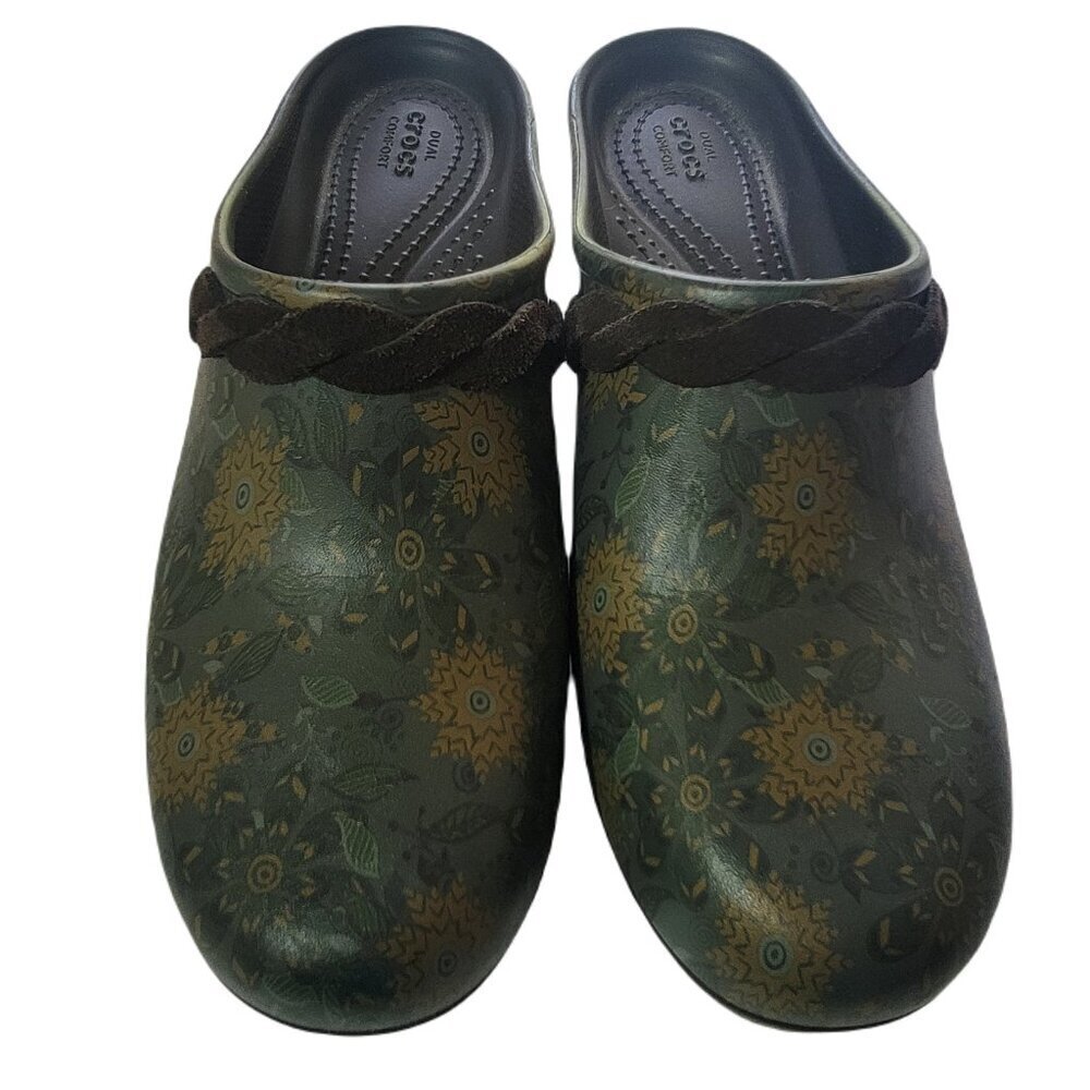 Crocs Sarah Graphic Clogs Women’s 8 Olive Green Floral Slip On Shoes